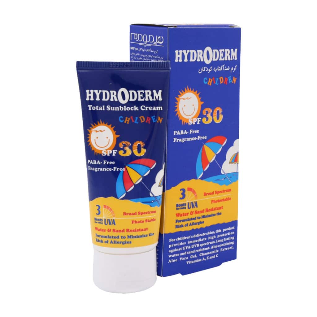 کرم ضد آفتاب بی رنگ هیدرودرم با SPF30 مناسب کودک حجم 50 میلی لیتر